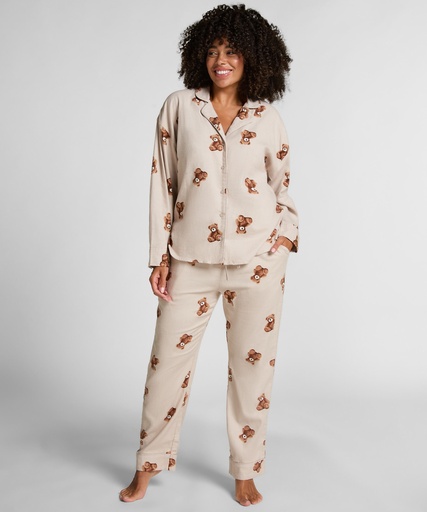 Pantalon droit en flanelle ours - Beige